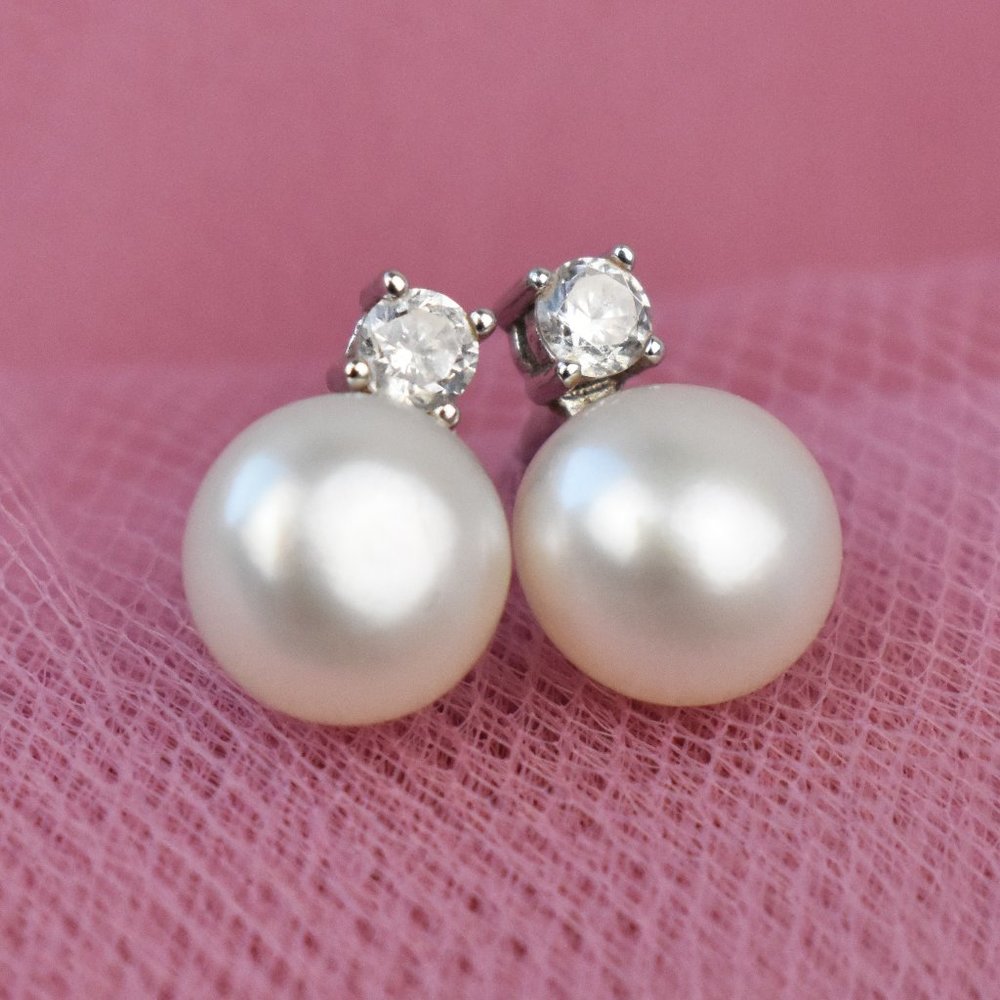 Basic dainty white pearl and cz crystal stud earrings sterling silver, cute gift